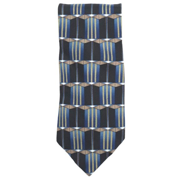 Chez Roffie New York Men's Silk Blue/Black Geometric Pattern Tie - Picture 4 of 8